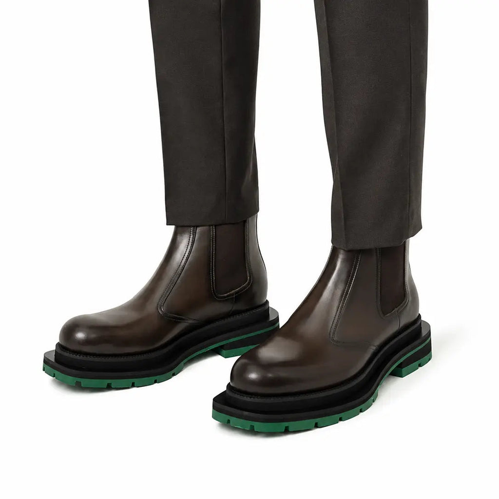 Coffee Chelsea Boots Green Lug Sole DIVINCH