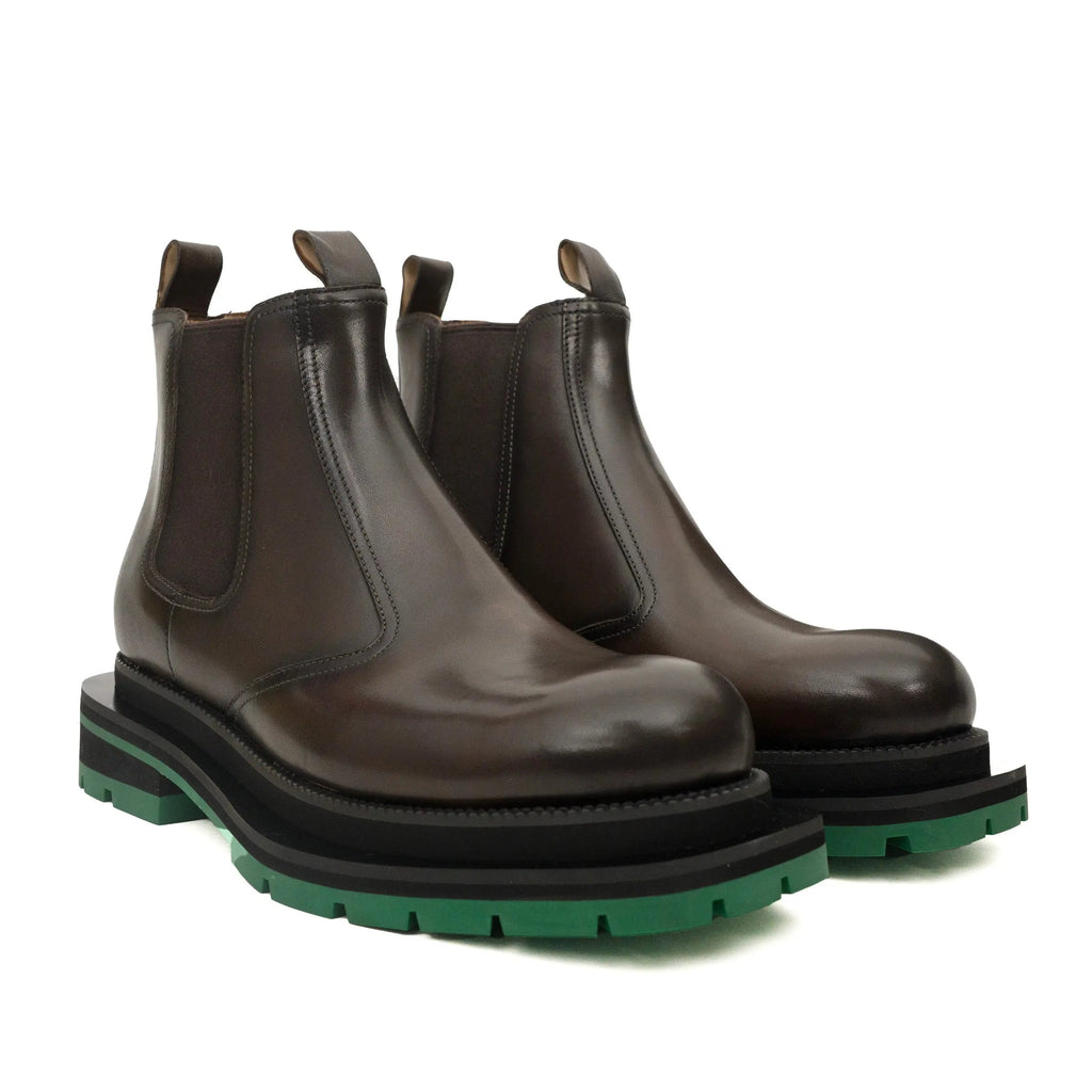Coffee Chelsea Boots Green Lug Sole DIVINCH