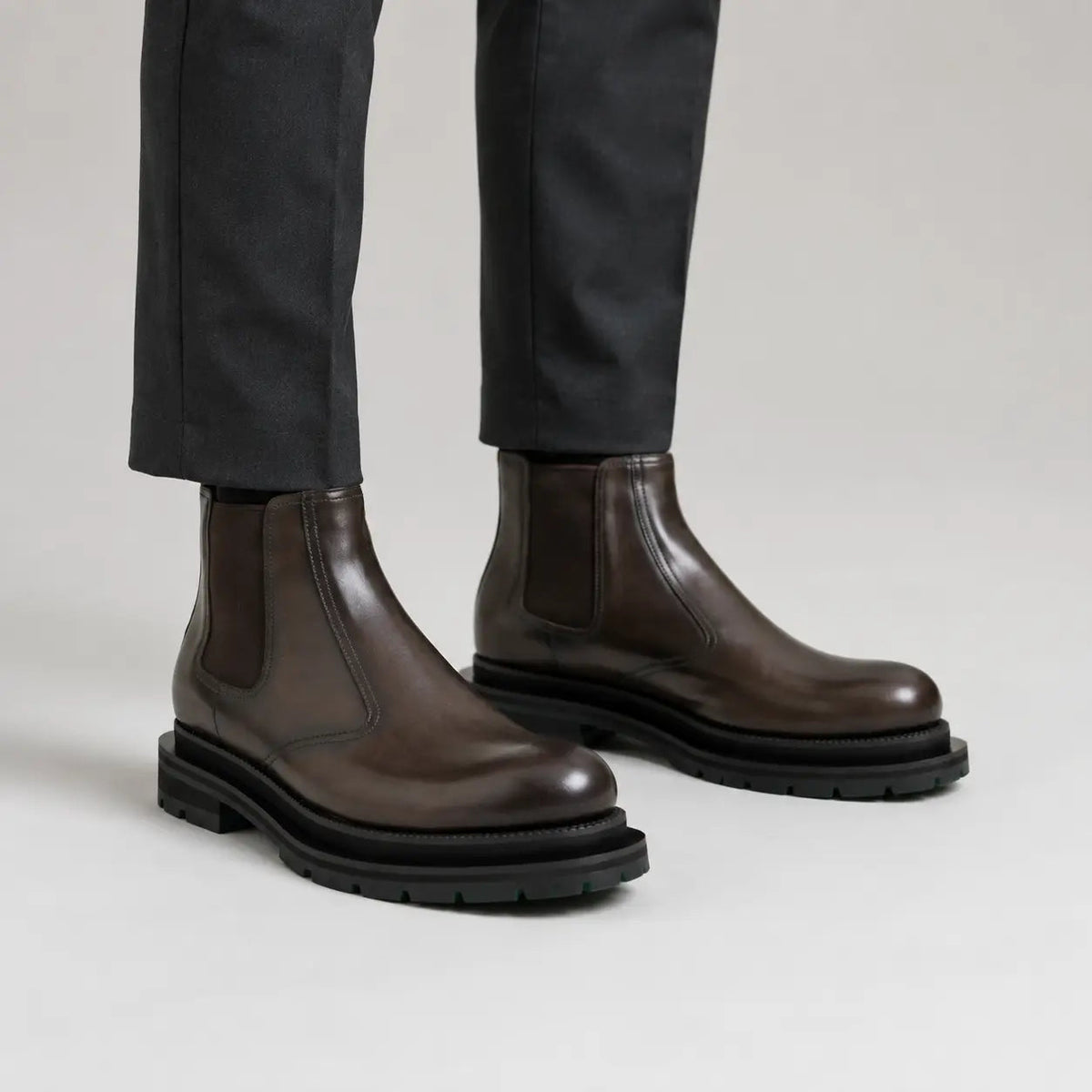 Coffee Chelsea Green Lug Boots on-foot product photo