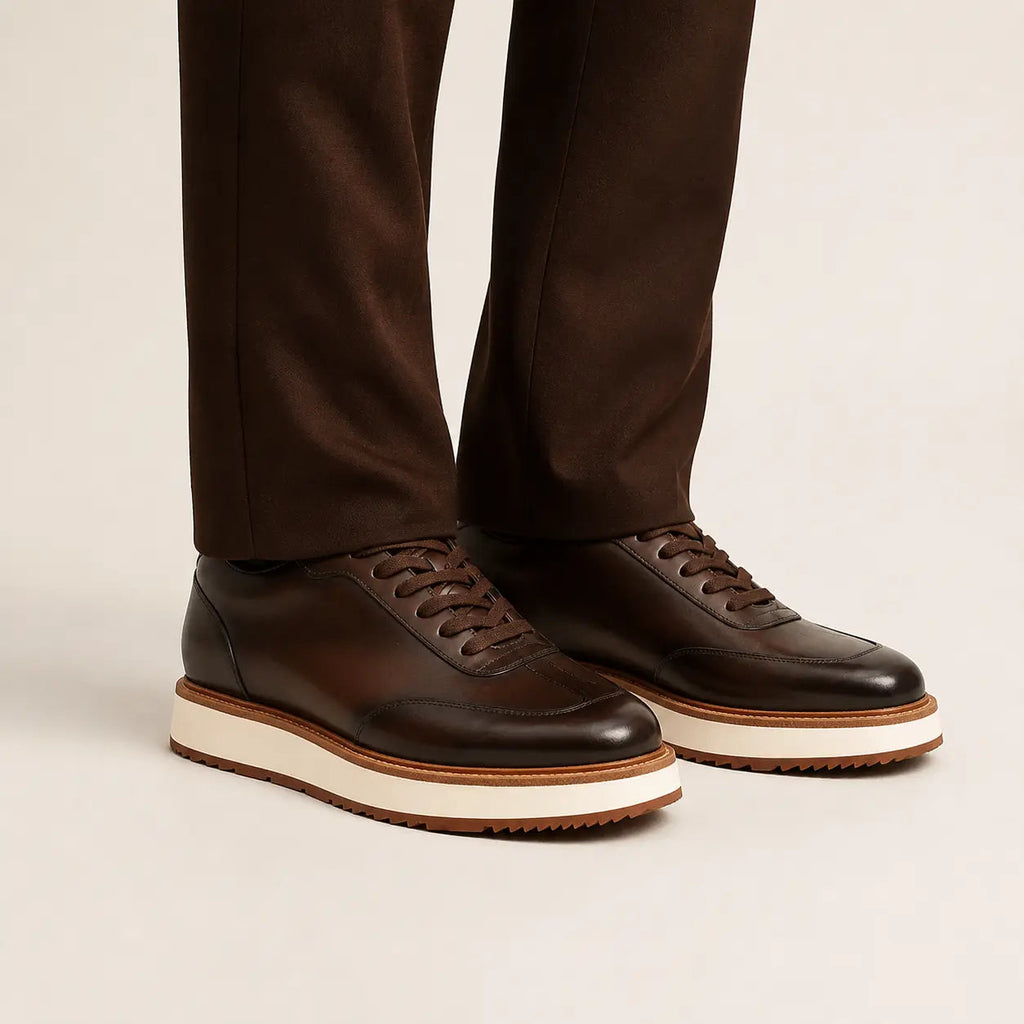 DIVINCH coffee leather lace-up platform shoes on foot in warm studio