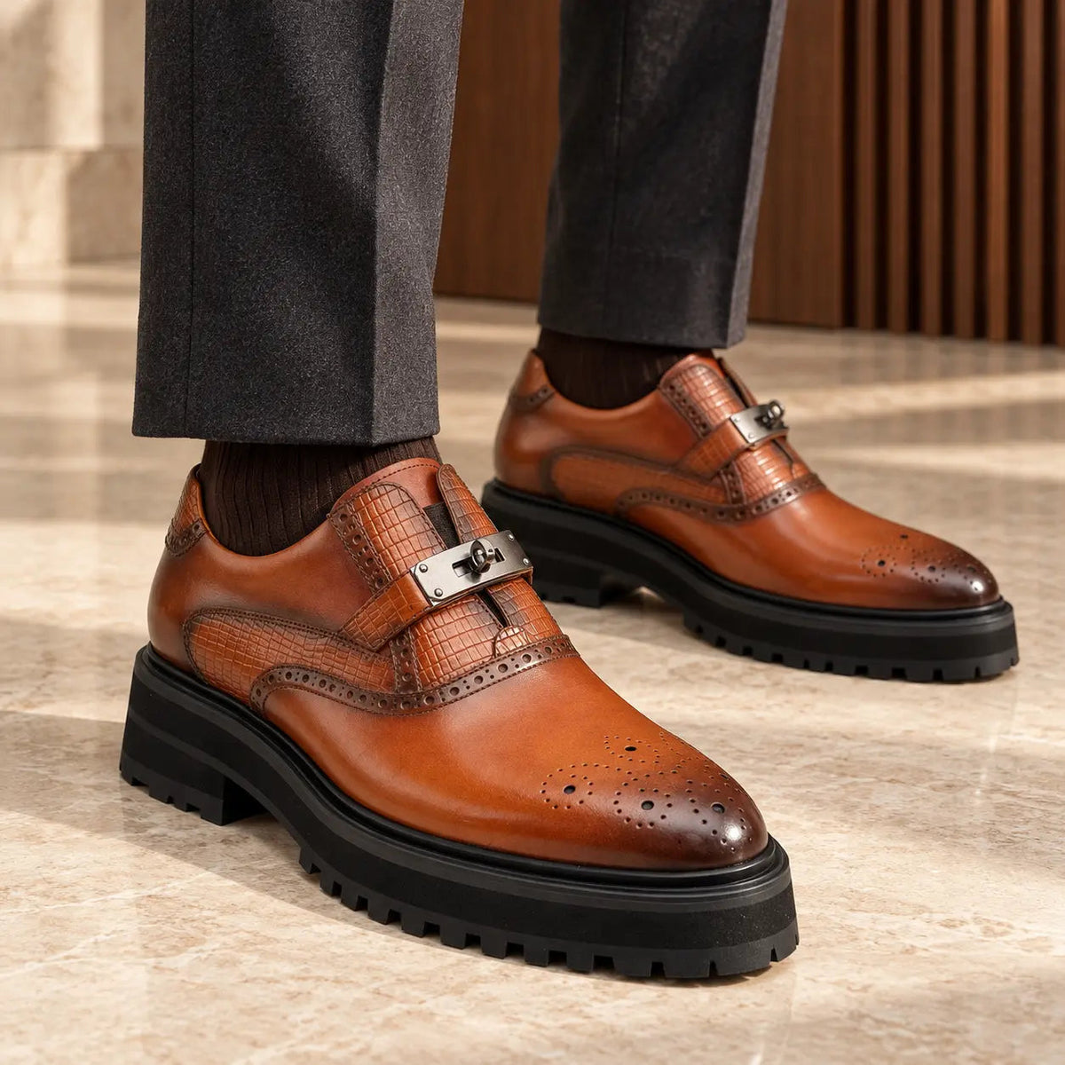 8102A cognac brown textured lug sole single buckle monk shoe on-foot main image