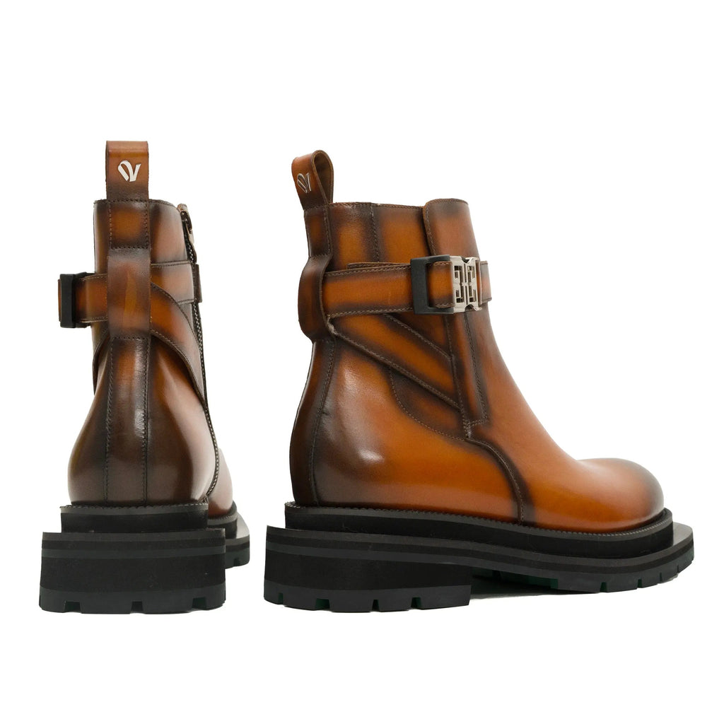 Cognac Buckle Zip Ankle Boots DIVINCH