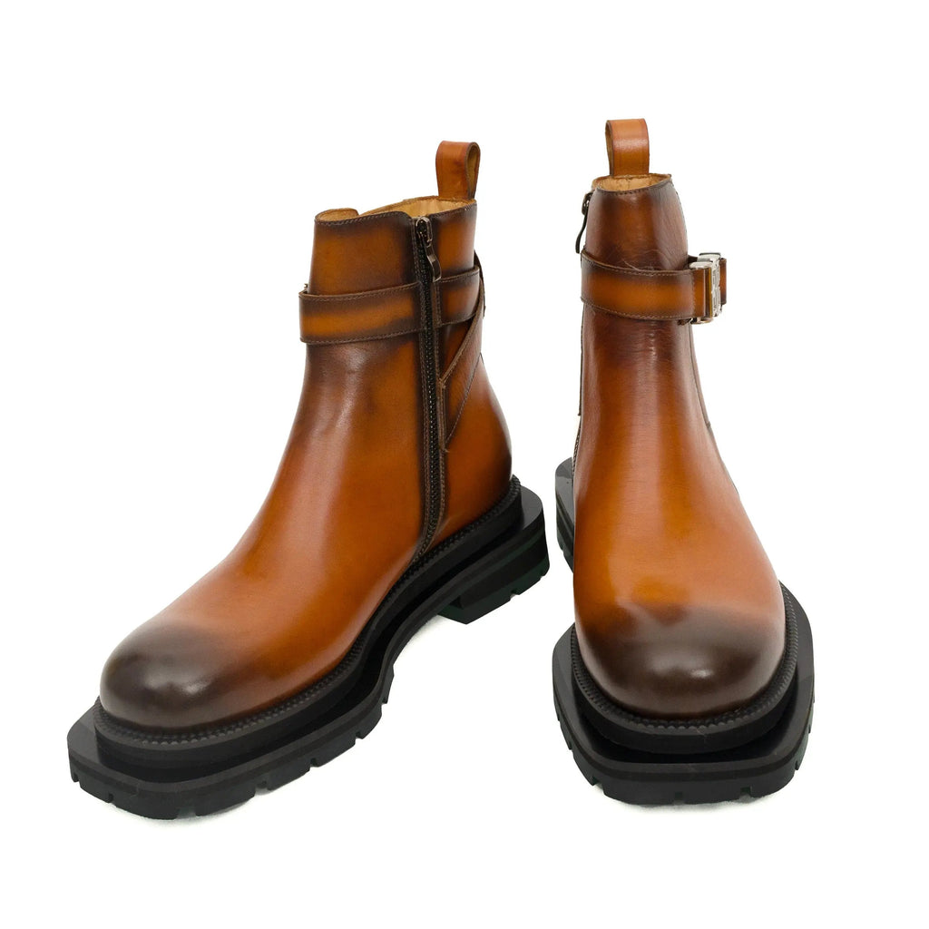 Cognac Buckle Zip Ankle Boots DIVINCH