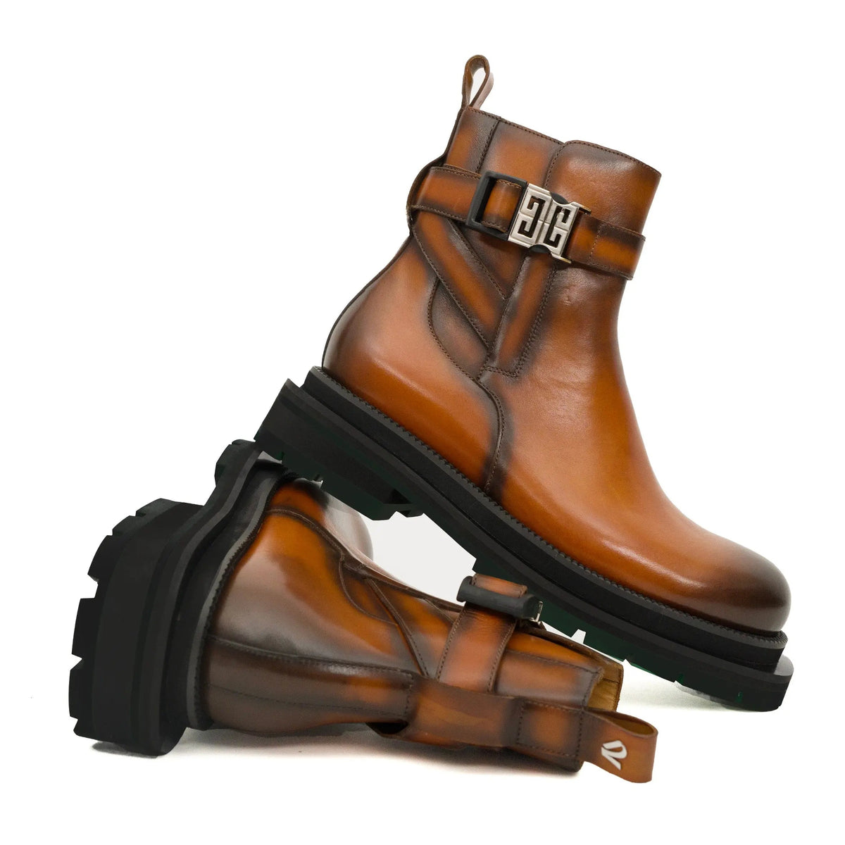 Cognac Buckle Zip Ankle Boots DIVINCH