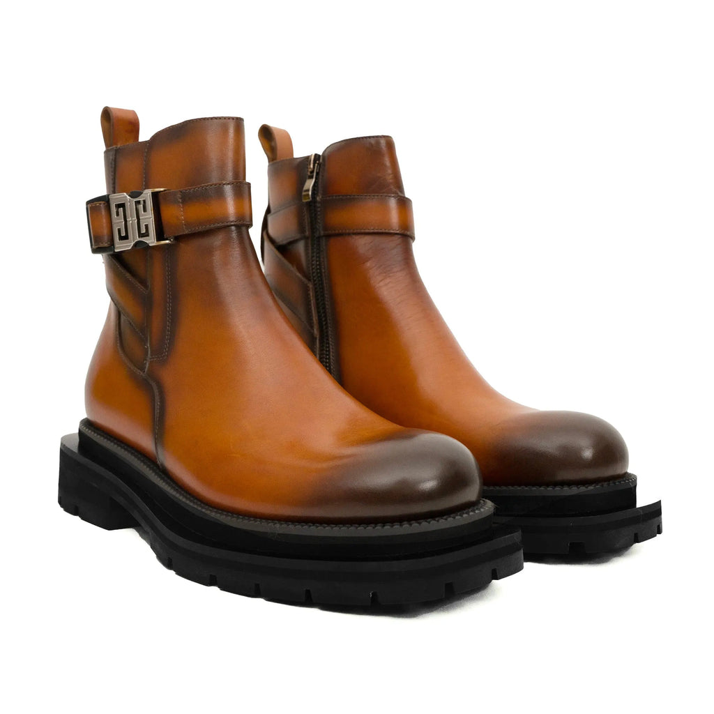 Cognac Buckle Zip Ankle Boots DIVINCH