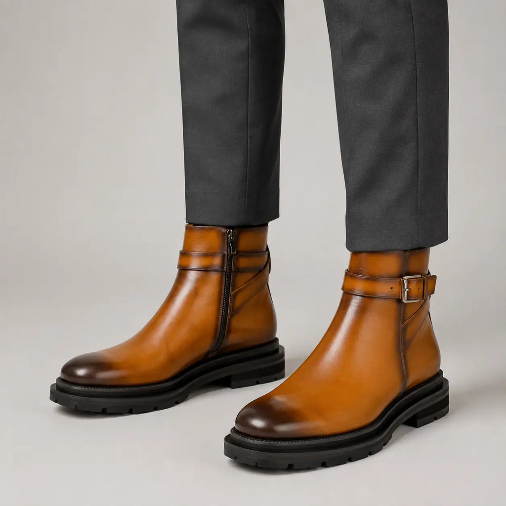 Cognac Buckle Zip Ankle Boots on-foot product photo