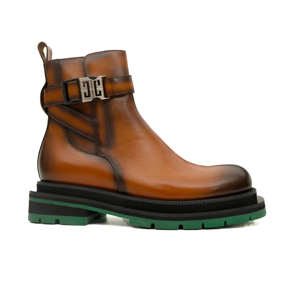 Cognac Buckle Zip Boots with Green Sole DIVINCH