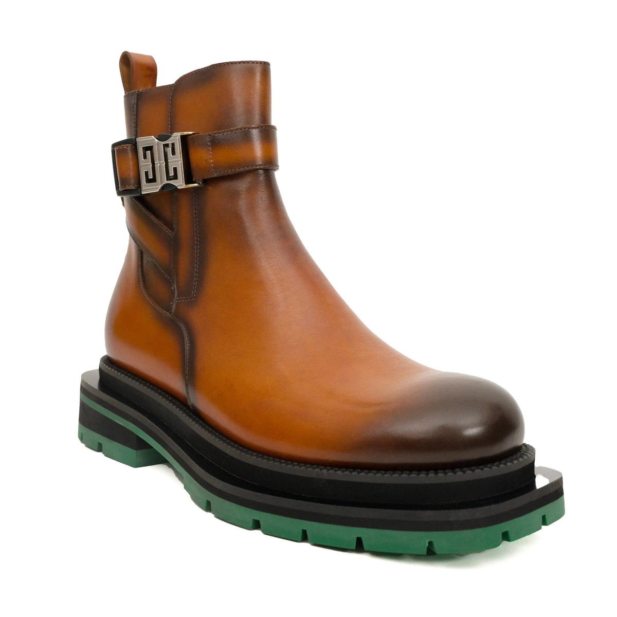 Cognac Buckle Zip Boots with Green Sole DIVINCH
