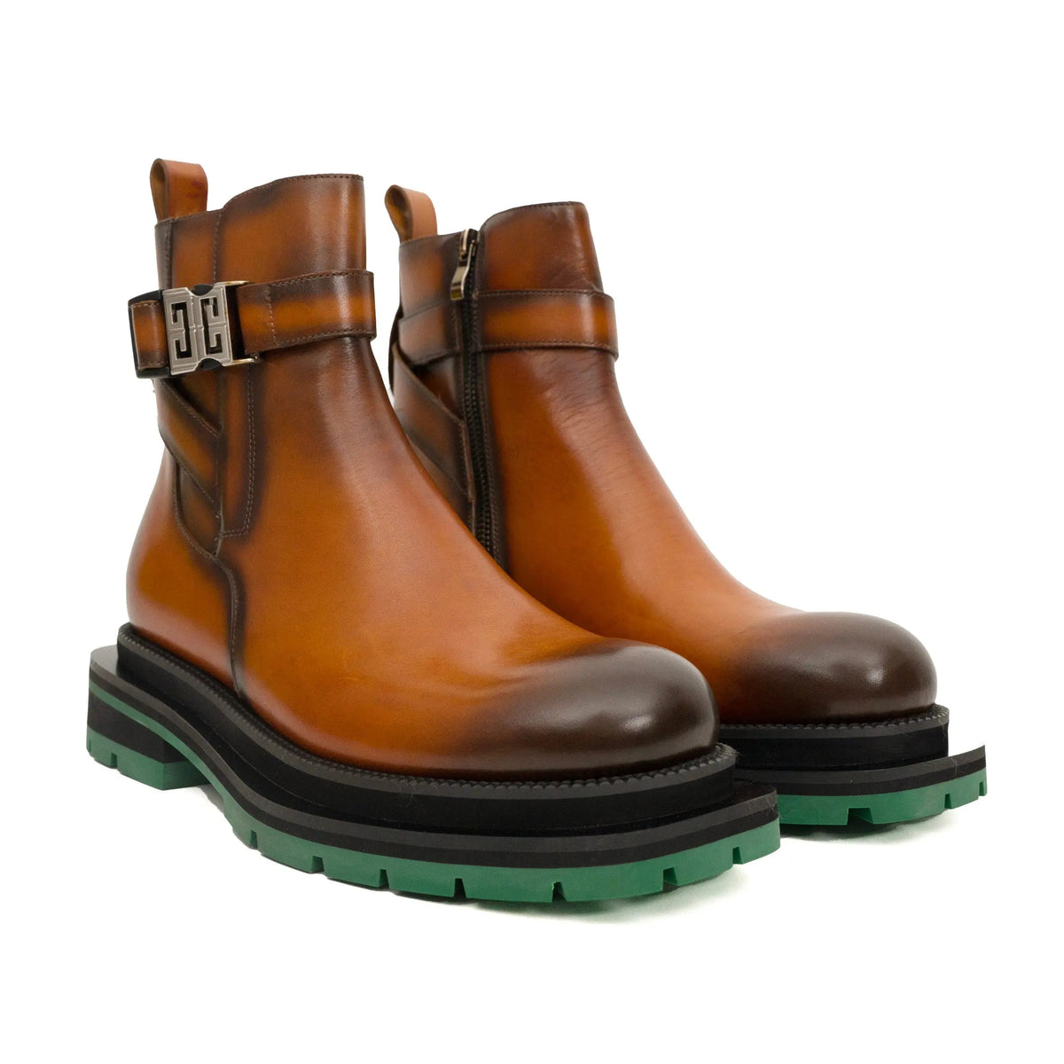 Cognac Buckle Zip Boots with Green Sole DIVINCH