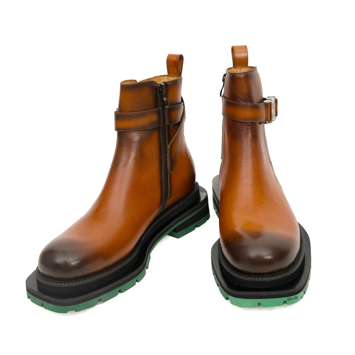 Cognac Buckle Zip Boots with Green Sole DIVINCH