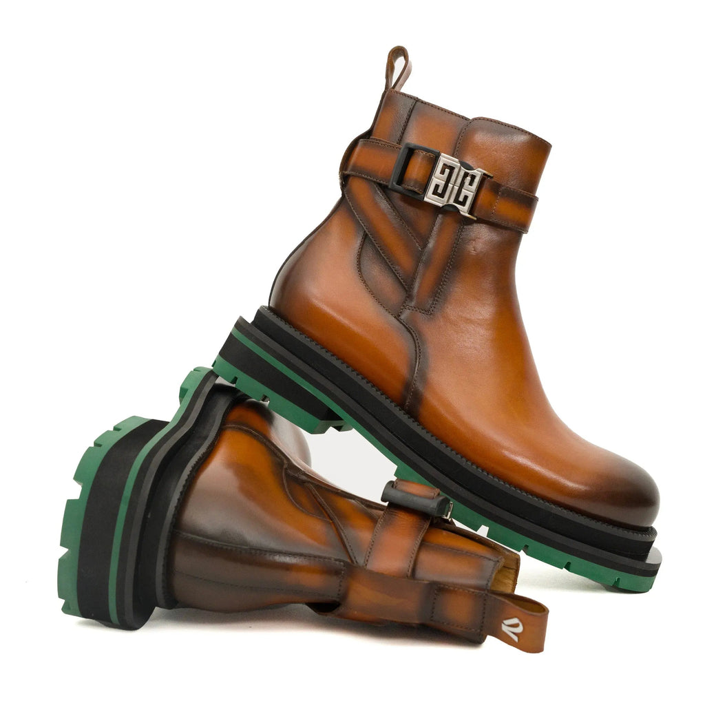 Cognac Buckle Zip Boots with Green Sole DIVINCH