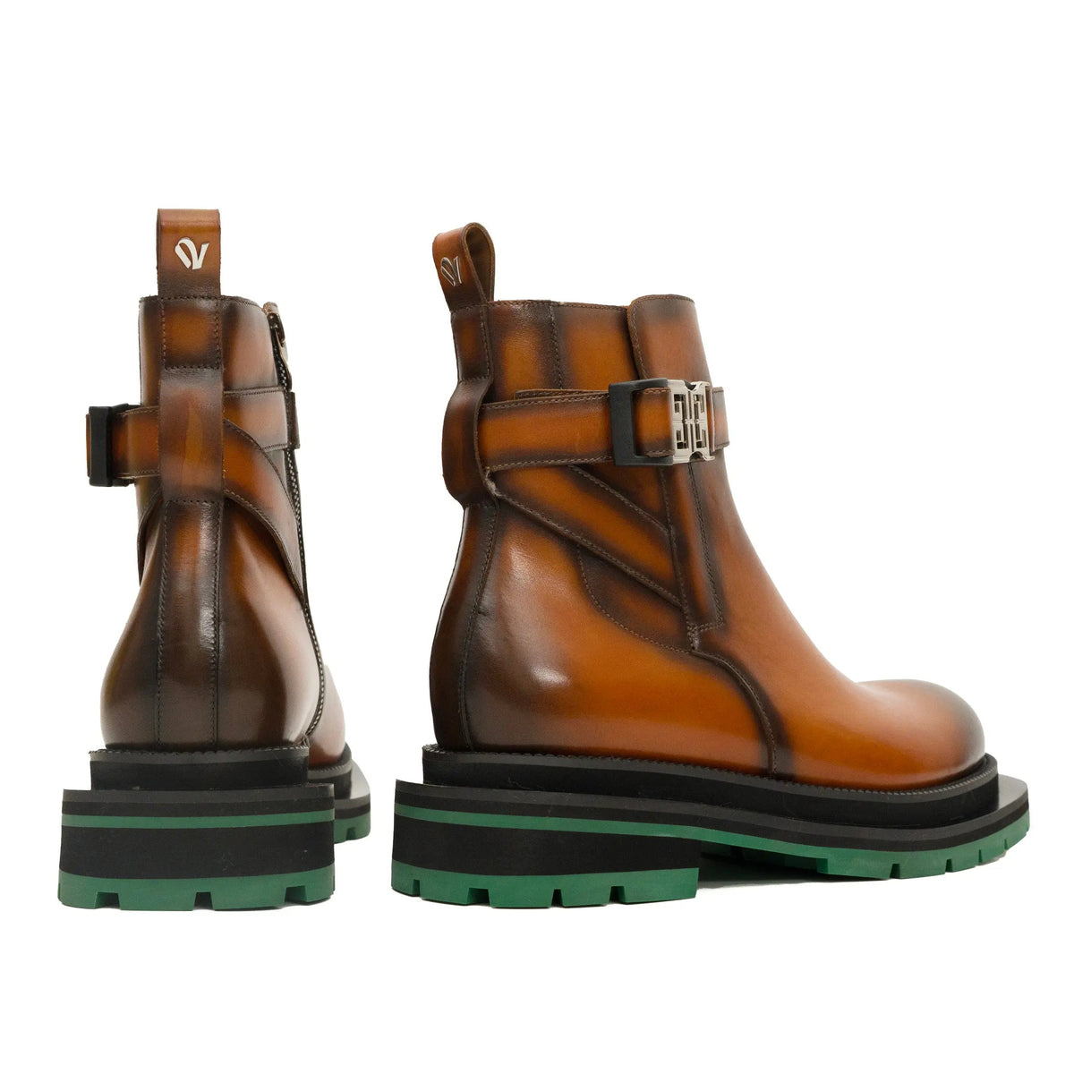 Cognac Buckle Zip Boots with Green Sole DIVINCH