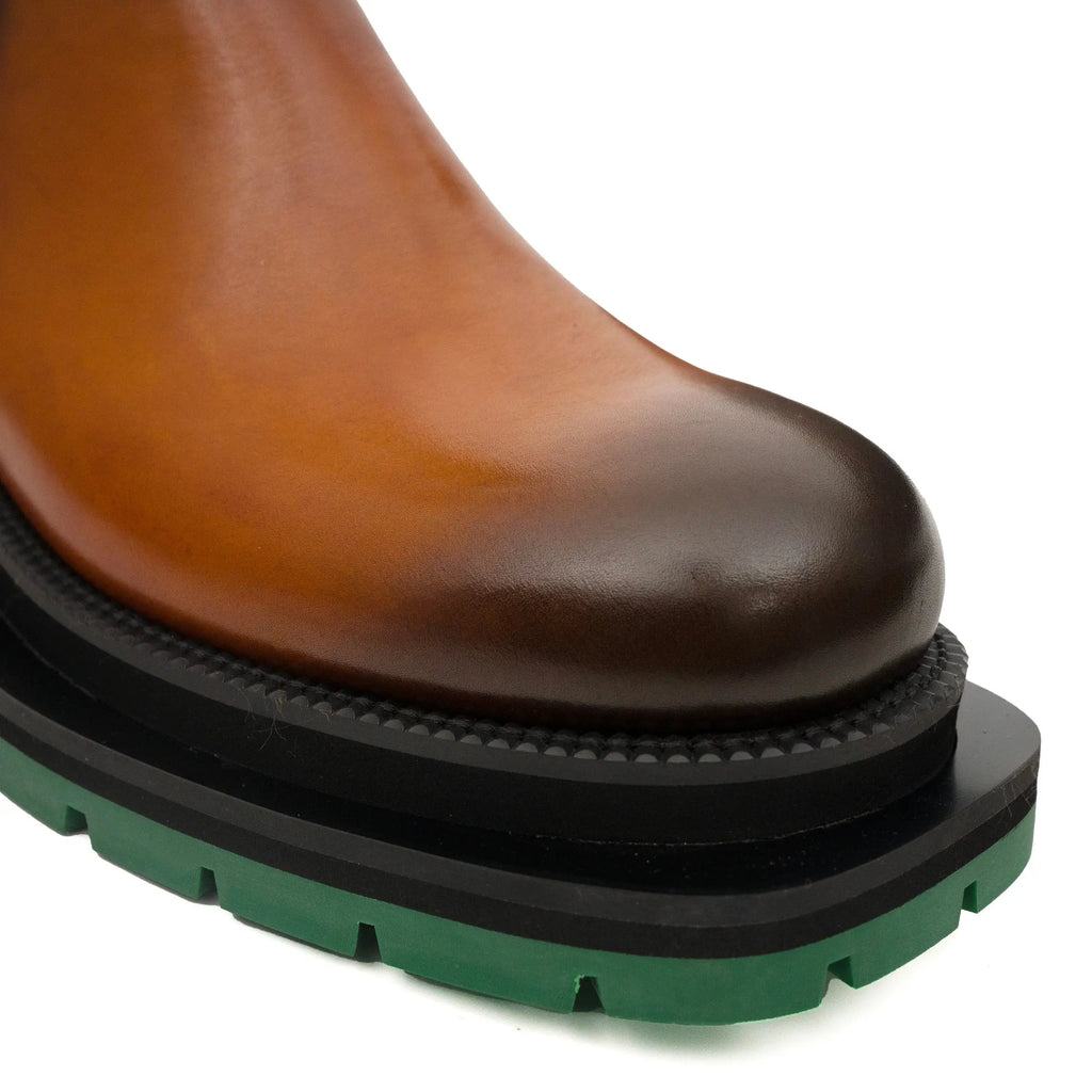 Cognac Buckle Zip Boots with Green Sole DIVINCH