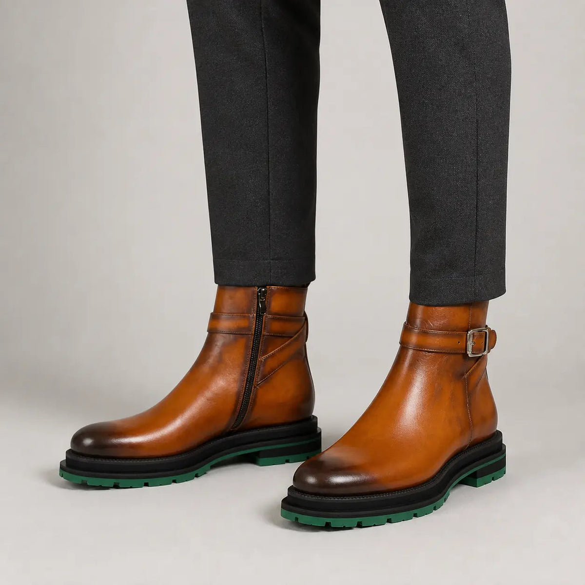 Cognac Buckle Zip Boots with Green Sole on-foot product photo