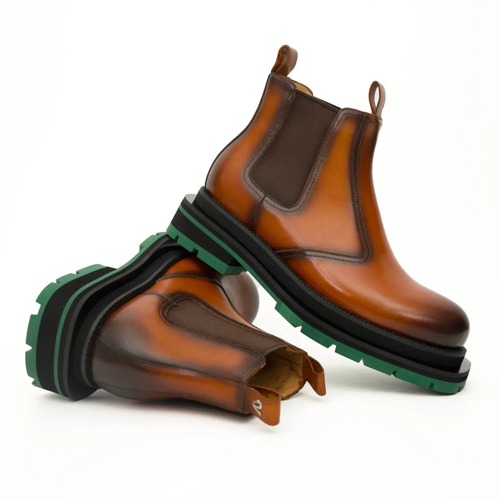 Cognac Chelsea Boots Green Lug Sole DIVINCH