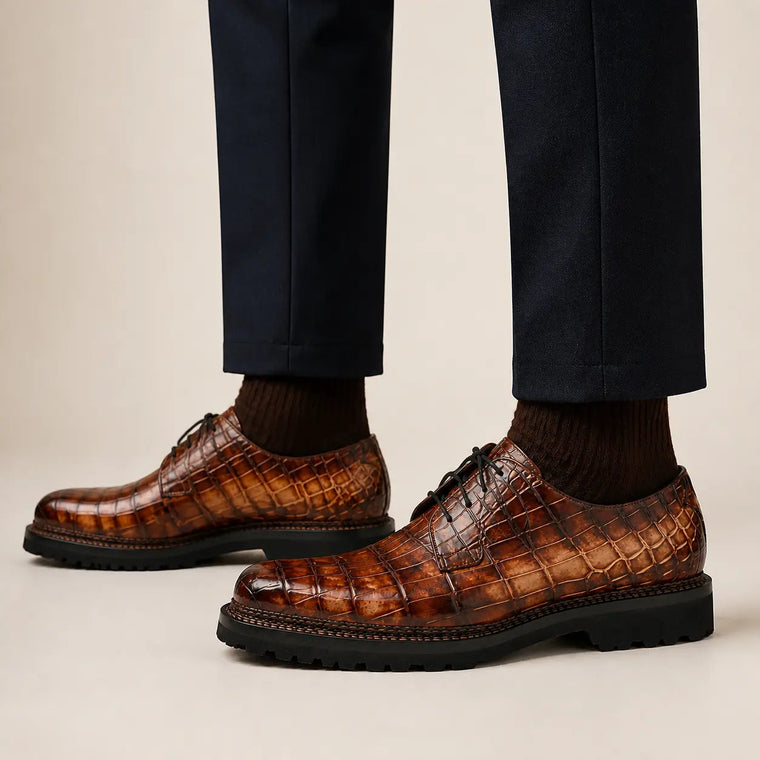 Orange-Brown and Black Textured Derby Shoe