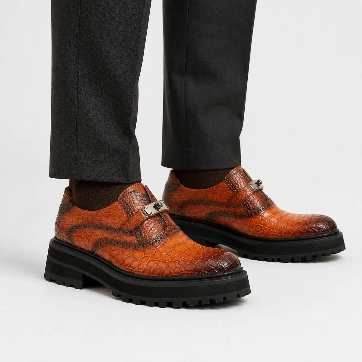 Cognac Crocodile Strap Lug Loafer on-foot studio view
