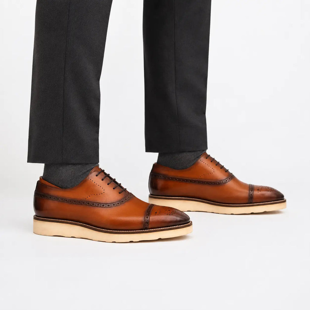 Cognac Leather Cap-Toe Brogue Oxford with Contrast Lug Sole DIVINCH