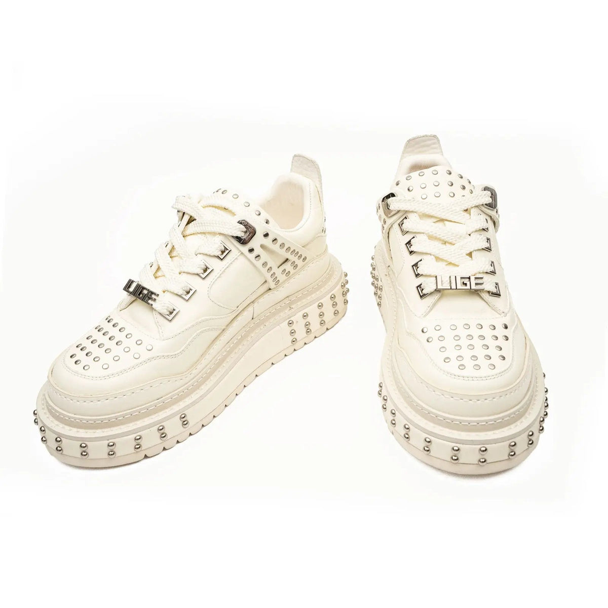 Ivory Platform Sneaker with Silver-Tone Stud Rows
