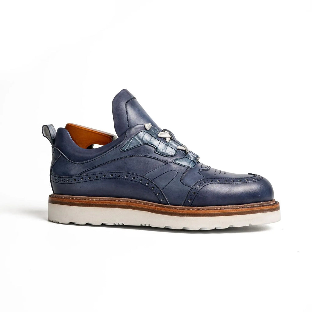 Blue Textured Brogue Sneaker with Rounded Toe