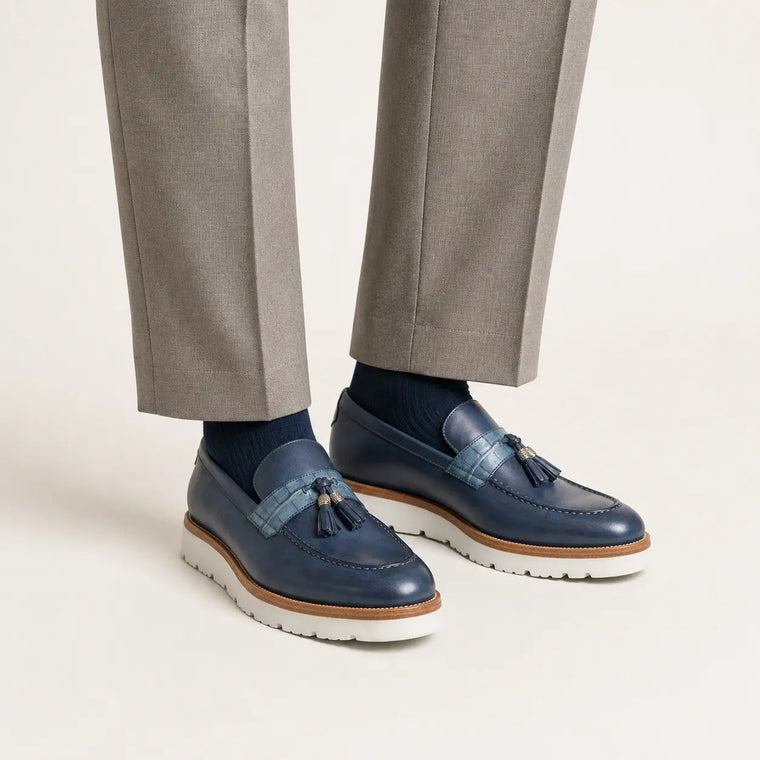 Blue Textured Lug Sole Tassel Loafer