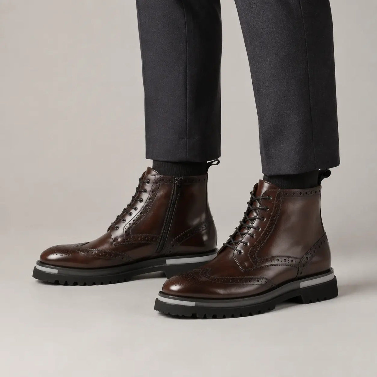 Dark Brown Brogue Lace-Up Ankle Boots on-foot product photo