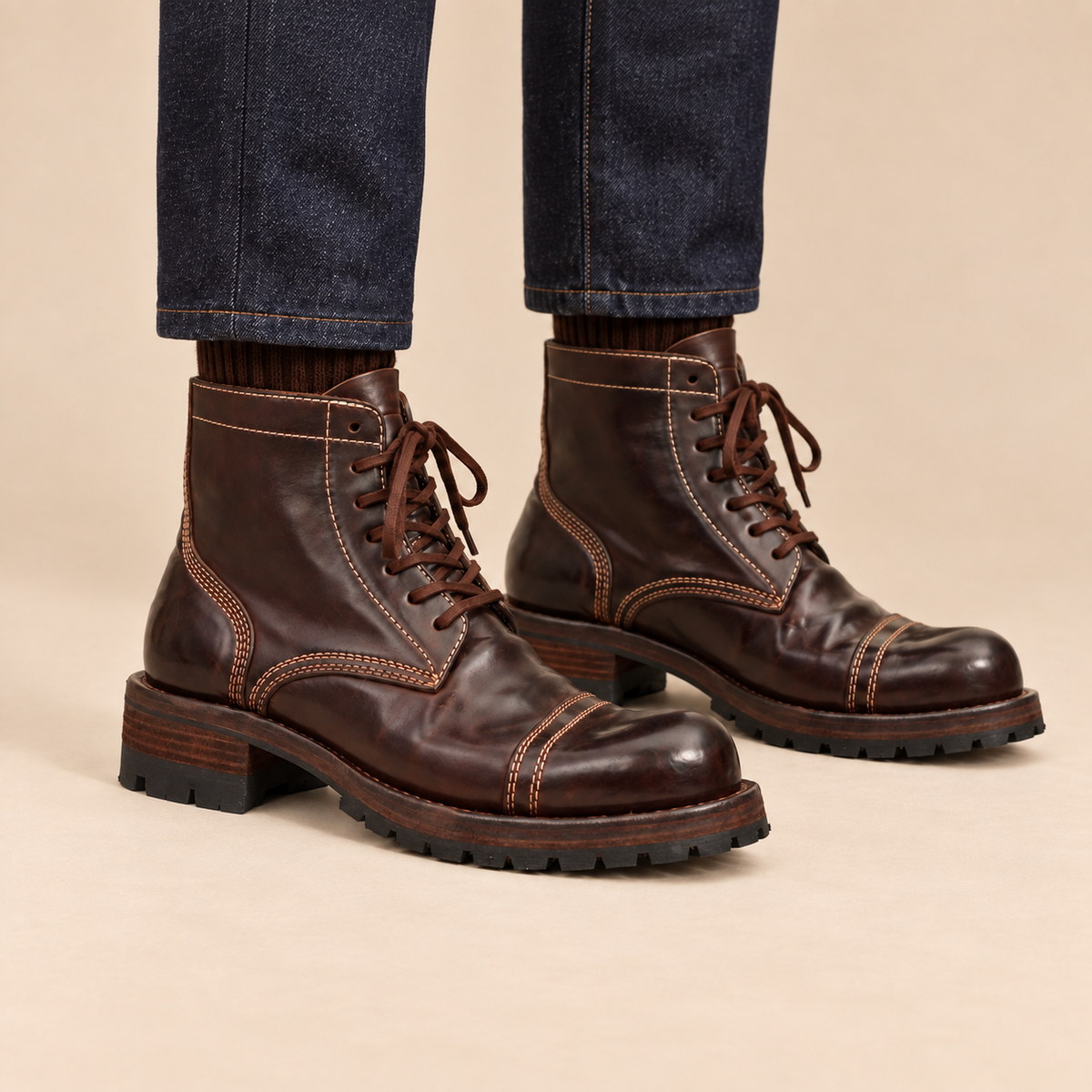 Dark Brown Glossy Lug-Sole Cap-Toe Ankle Boot on-foot hero