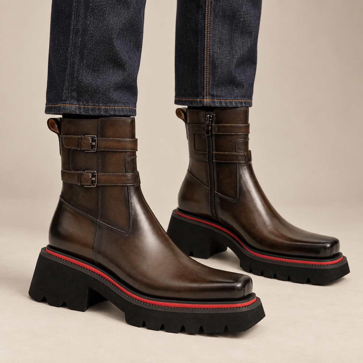 Dark brown double-strap ankle boots on foot