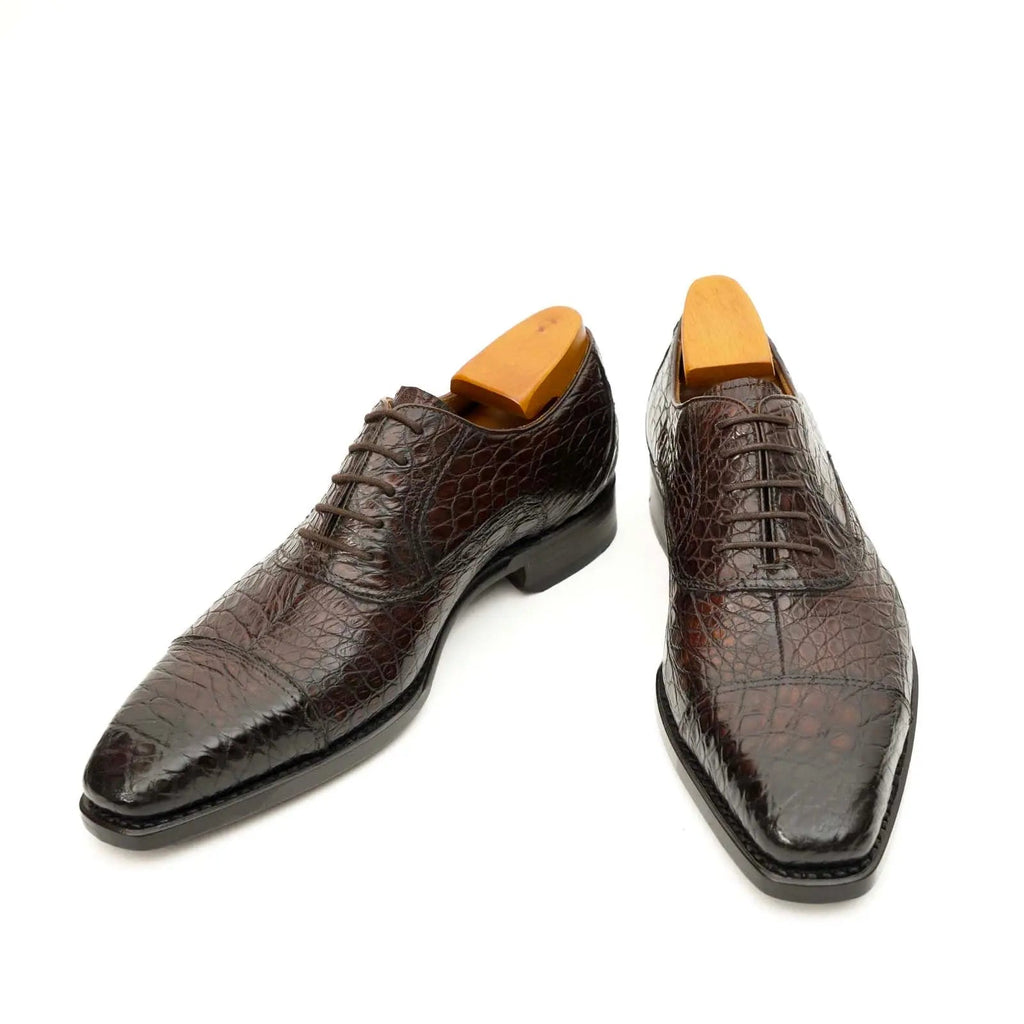 Dark Brown Crocodile Cap-Toe Oxfords DIVINCH