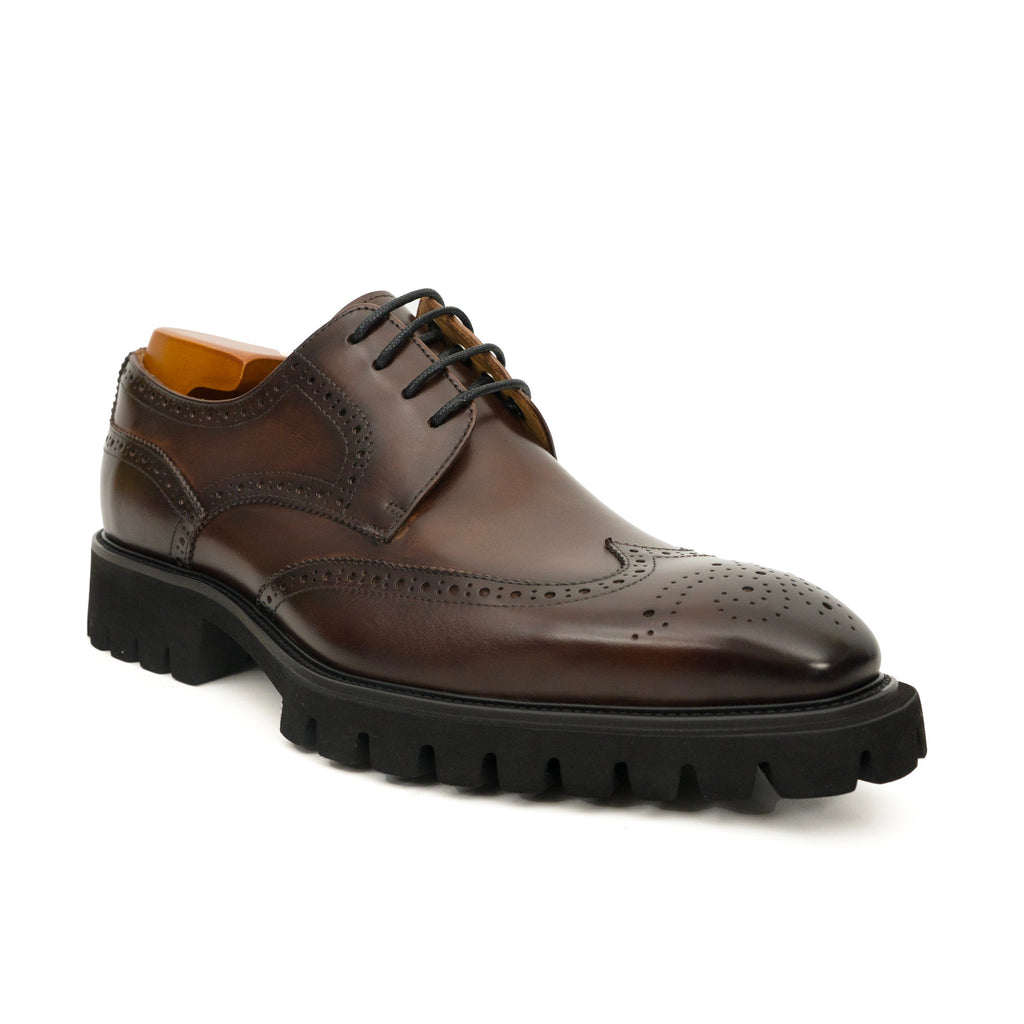 Dark Brown Glossy Lug-Sole Wingtip Derby Shoe DIVINCH