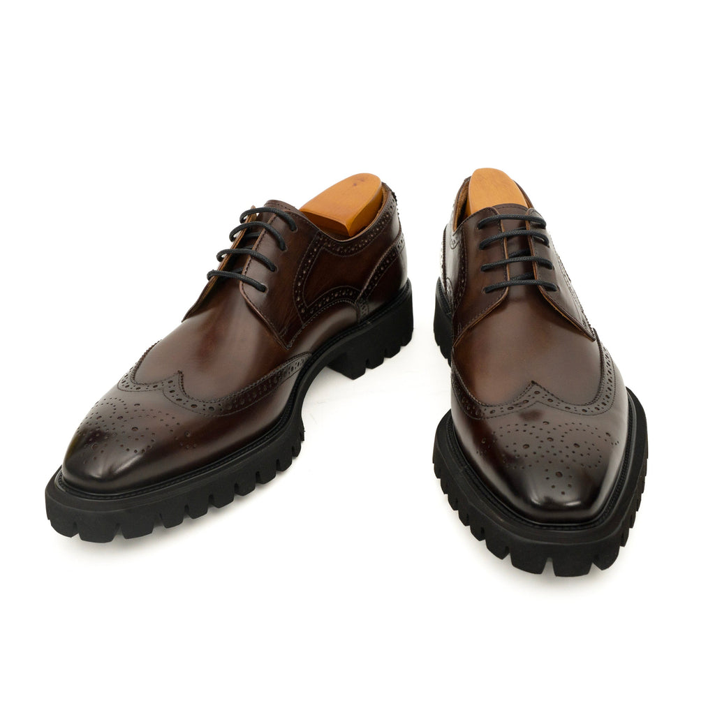 Dark Brown Glossy Lug-Sole Wingtip Derby Shoe DIVINCH