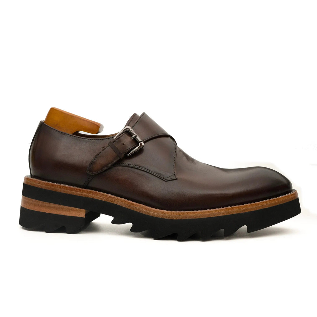 Dark Brown Lug Sole Monk Strap Shoes DIVINCH