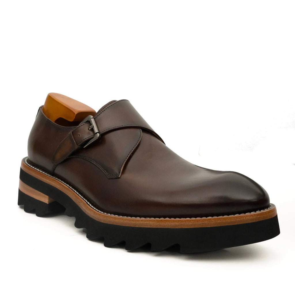 Dark Brown Lug Sole Monk Strap Shoes DIVINCH