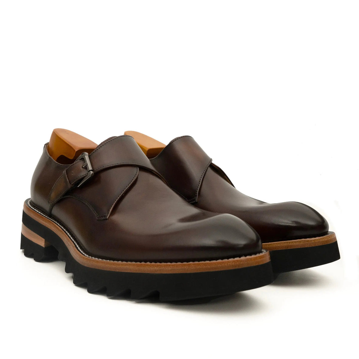 Dark Brown Lug Sole Monk Strap Shoes DIVINCH