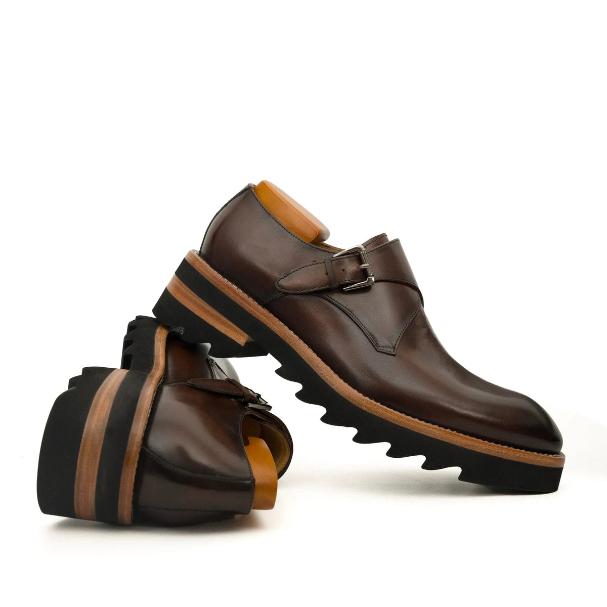Dark Brown Lug Sole Monk Strap Shoes DIVINCH