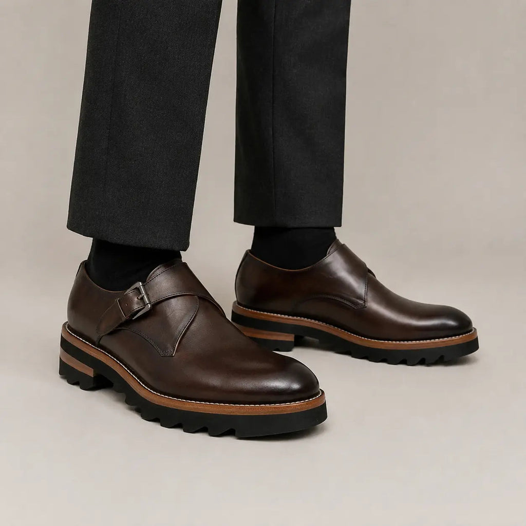 Dark Brown Lug Sole Monk Strap Shoes on-foot product photo