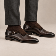 Dark Brown Glossy Suede-Panel Monk-Strap Shoe DIVINCH