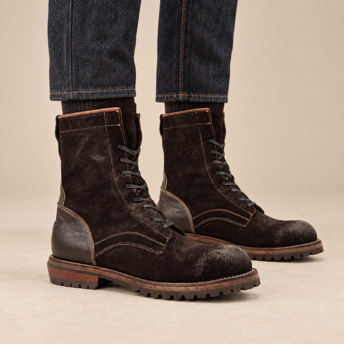 Dark Brown Textured Treaded Sole Lace Up Boot DIVINCH