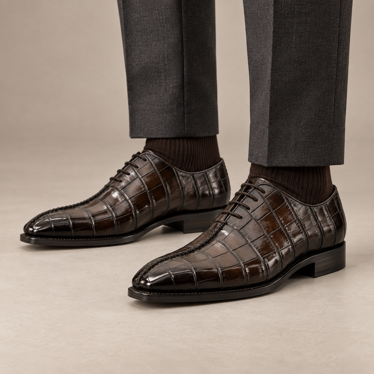 Dark Brown Textured Squared-Toe Oxford Shoe DIVINCH