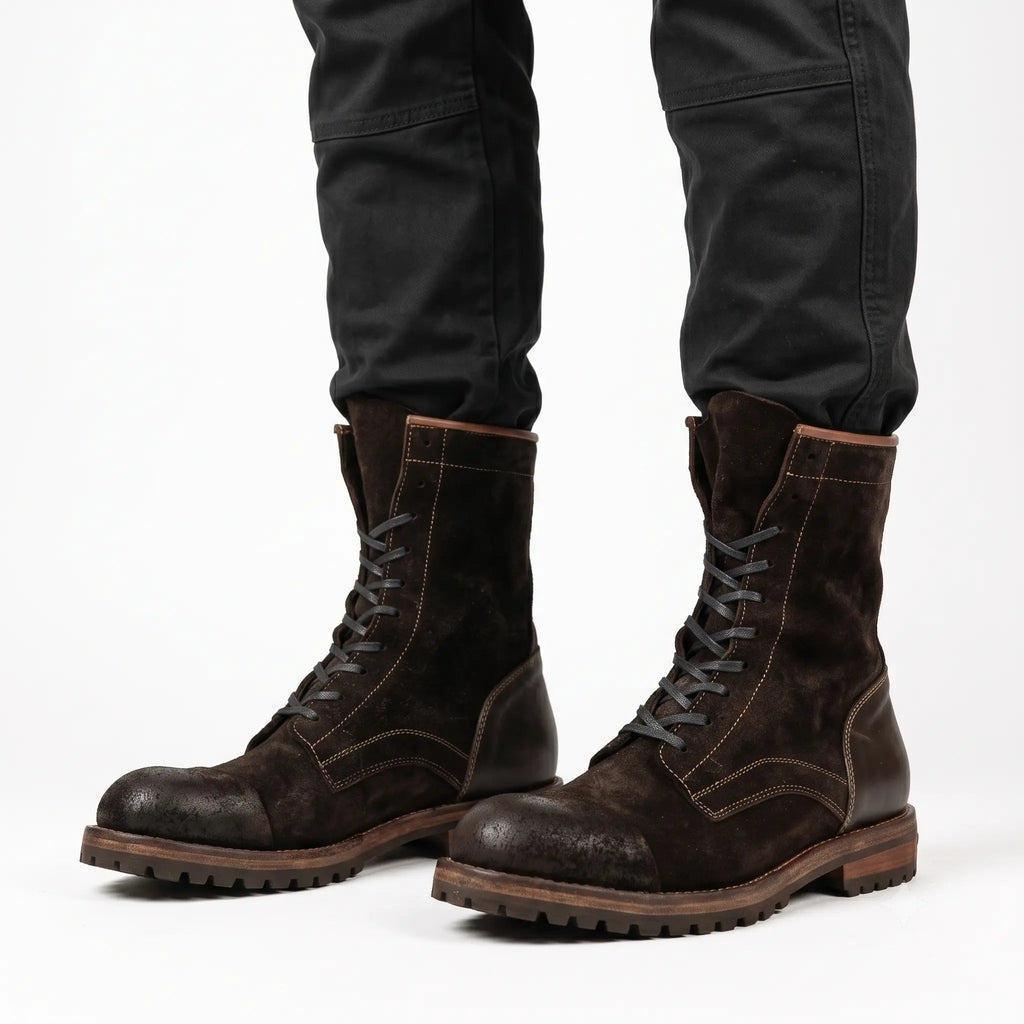 Dark Brown Suede Lace-Up Combat Boots DIVINCH