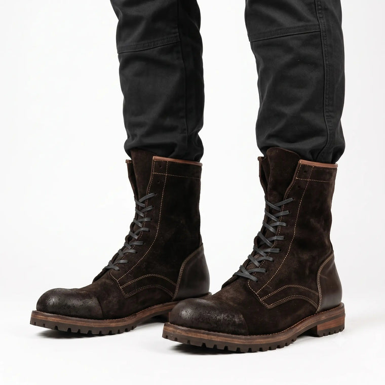 Dark Brown Textured Treaded-Sole Plain-Toe Lace-up Boot