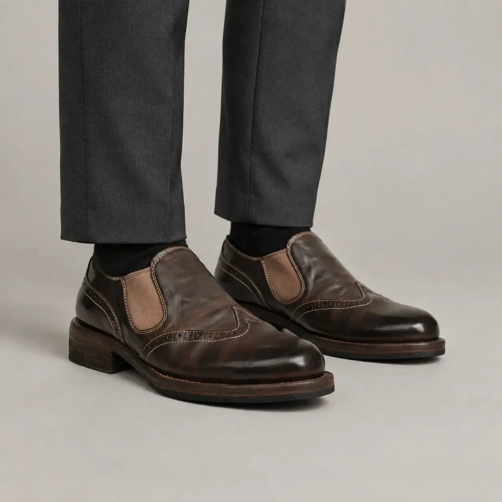 Dark Brown Washed Horse Leather Slip-On Casual Shoes on-foot product photo