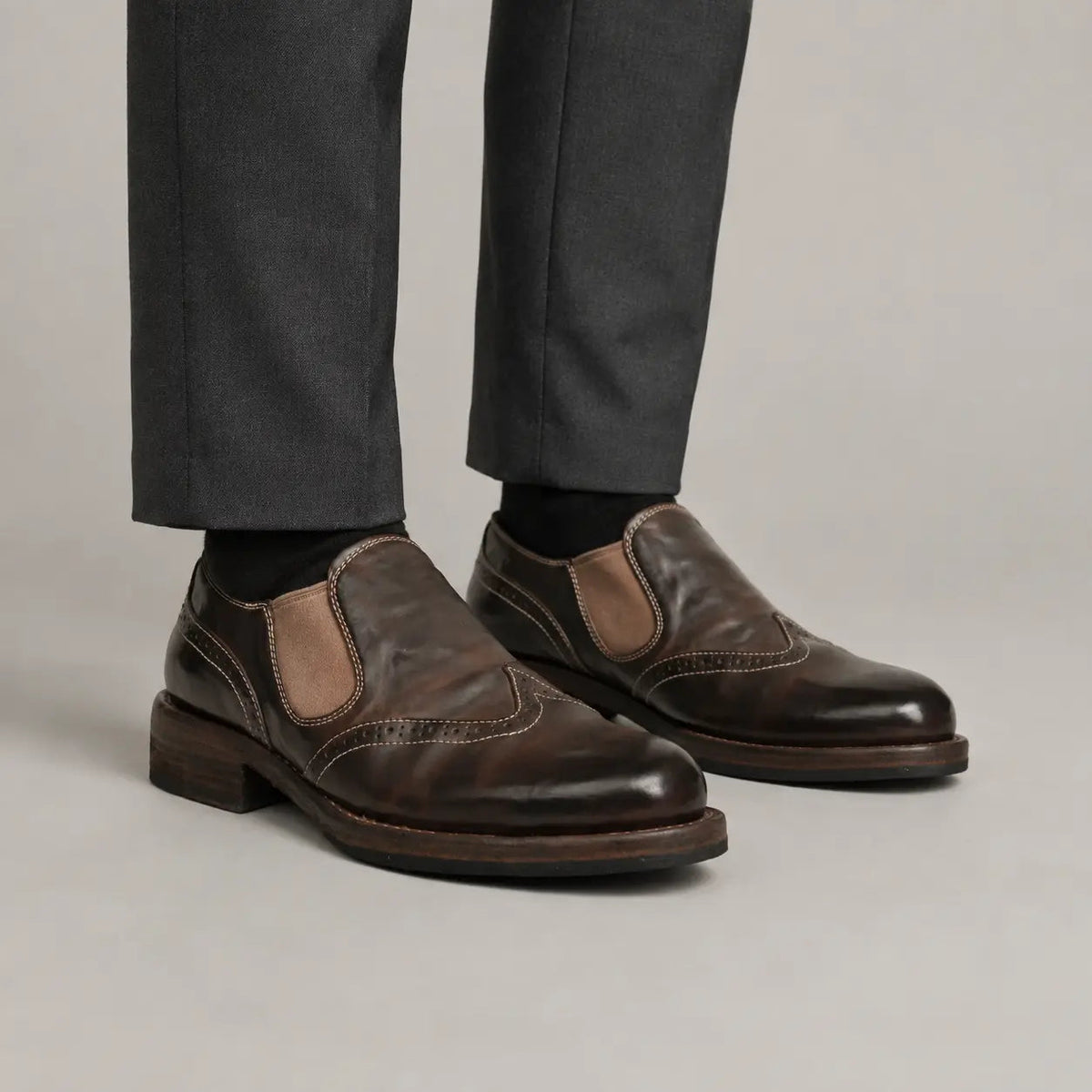 Dark Brown Washed Horse Leather Slip-On Casual Shoes on-foot product photo