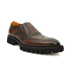 Dark Brown Wingtip Cow Leather Slip-On Shoes DIVINCH