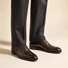 Dark Croc-Embossed Cap-Toe Oxford on foot, warm off-white studio
