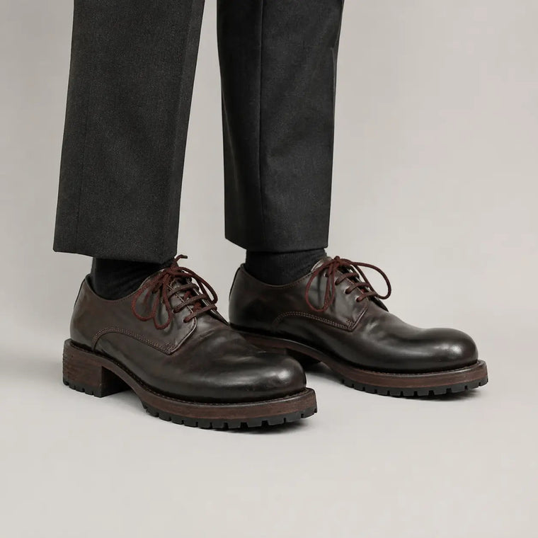 Dark Brown Glossy Lug-Sole Plain-Toe Derby Shoe