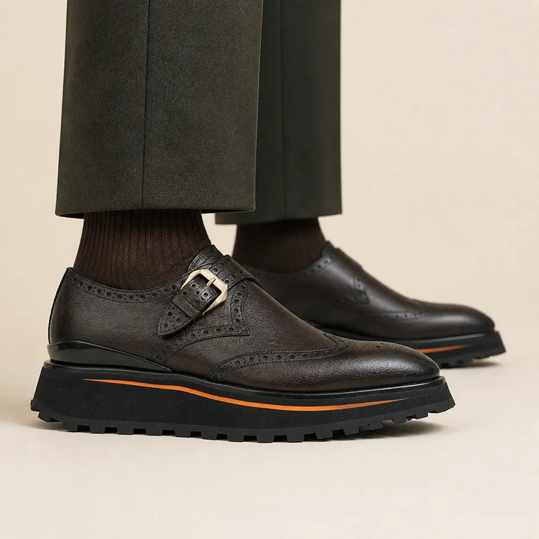 Dark Brown-Black Textured Wingtip Monk Shoe