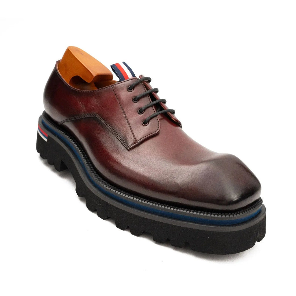Burgundy Square-Toe Derby Shoes with Pull Tab
