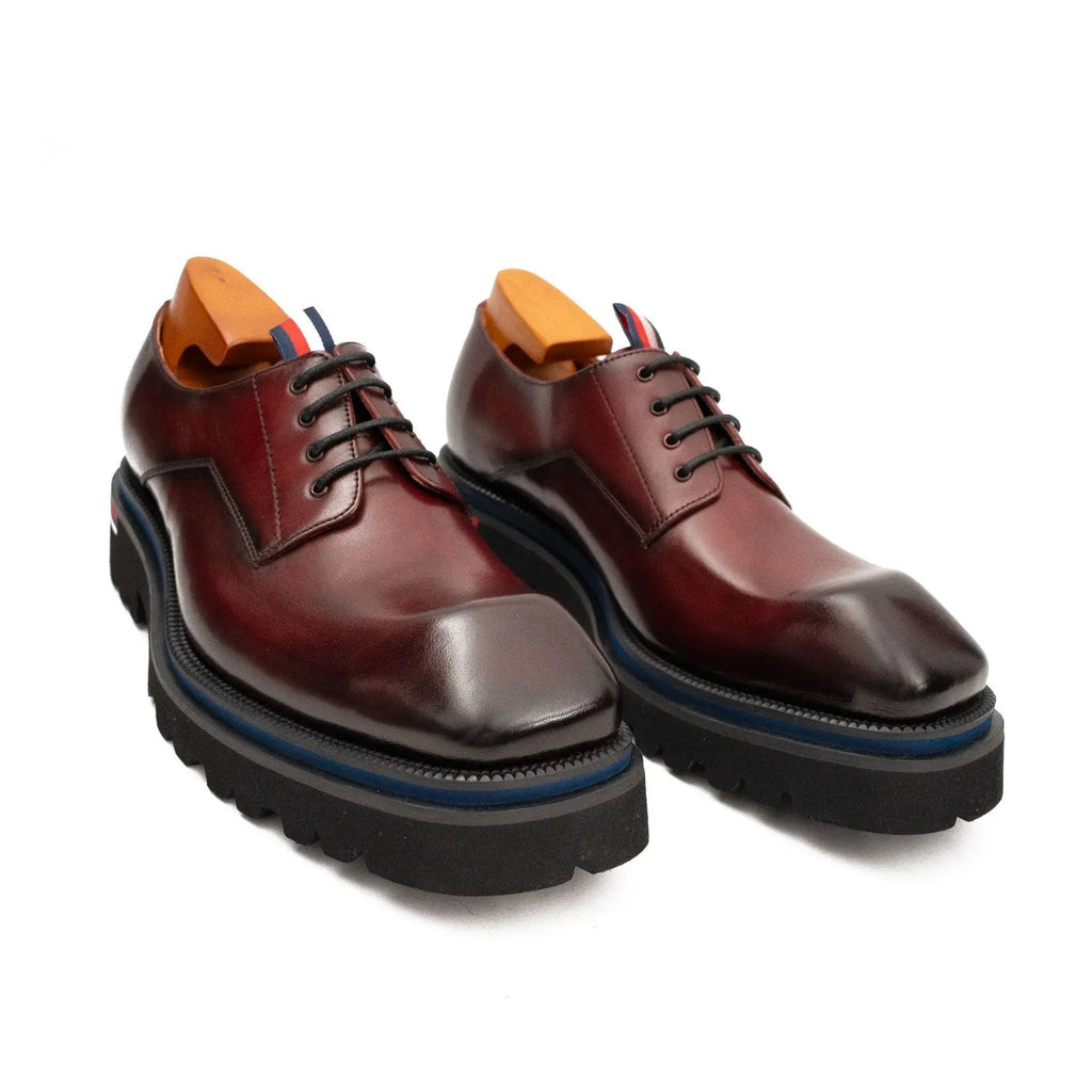 Burgundy Square-Toe Derby Shoes with Pull Tab