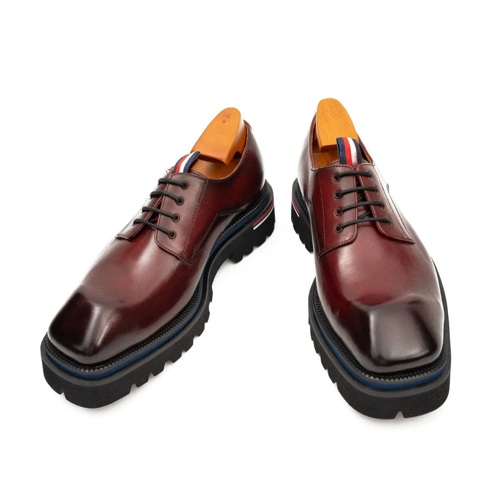 Burgundy Square-Toe Derby Shoes with Pull Tab